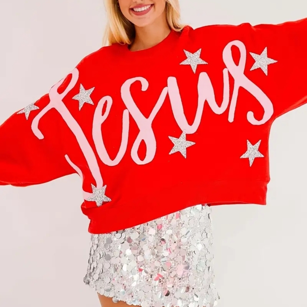 Vibrant Red Sweater with Silver Stars